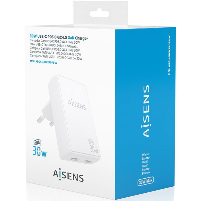 Aisens Cargador de Pared GaN 30W con 2xUSB-C Blanco